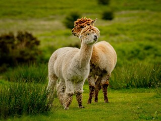 Fototapeta premium Two alpacas in a lush green field, showcasing their fluffy coats and curious expressions.