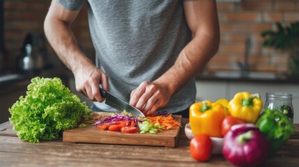 Close-Up of Hands Slicing Fresh Vegetables for a Healthy Plant-Based Meal Preparation