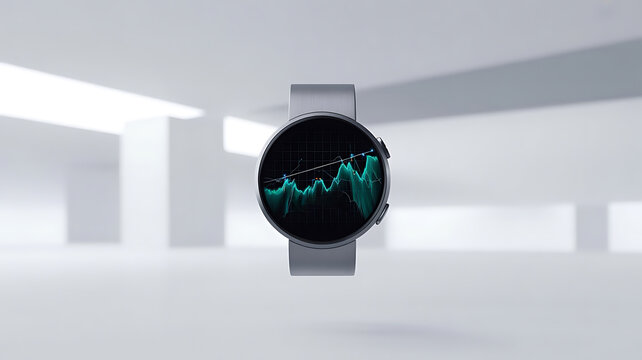 Modern smartwatch displaying a fluctuating financial market data graph on its screen