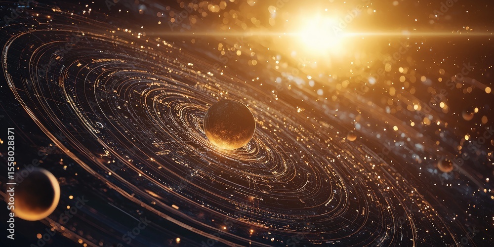 Poster A high-tech overview of a distant planetary system, with digital interfaces showing planetary orbits, energy fields, and data analysis.