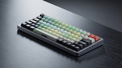 Modern mechanical keyboard with pastel colored keycaps on a dark textured surface