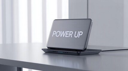 Modern electronic device with power up text charging on a sleek surface