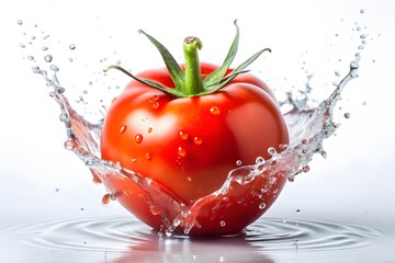 A vibrant red tomato splashing into water creating a dynamic visual