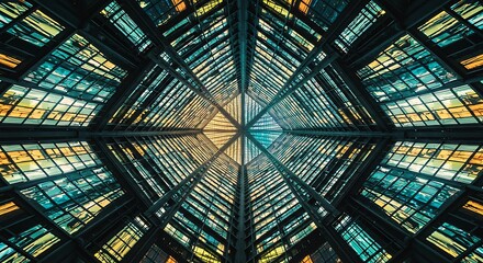 Geometric architectural design, unique building windows with an abstract symmetrical aesthetic, Modern skyscraper exterior with angular glass panels converging towards a point