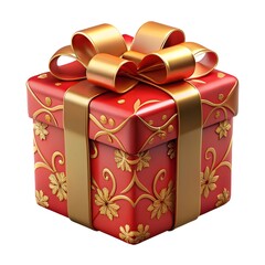 Luxurious red gift box adorned with intricate gold floral patterns and a shiny gold ribbon bow