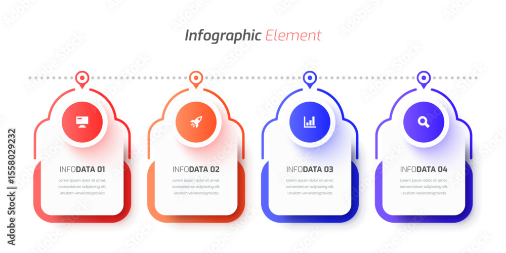 Aufkleber timeline business infographic template design with rounded rectangle label icon and 4 options for pr