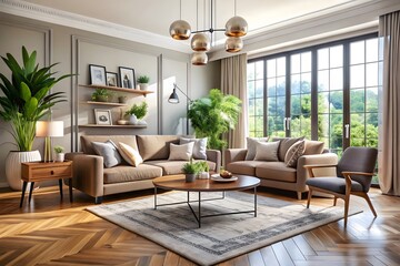 Fototapeta premium Modern living room design with neutral tones and abundant natural light