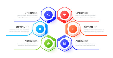 Business Infographic Presentation with Hexagon Line, 6 Options, Circle Label and Icon for Workflow, Presentation
