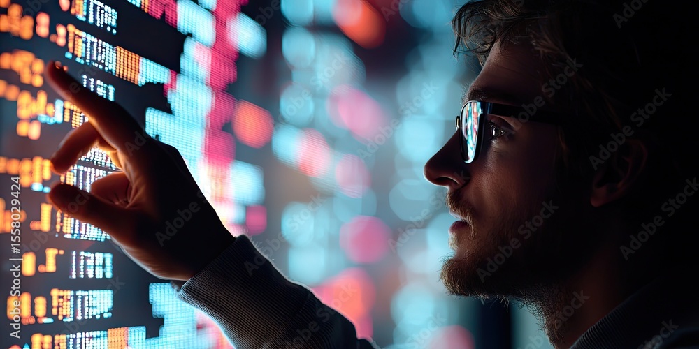 Poster financial analyst reviewing crowdfunding data on an interactive, comprehensive digital platform.