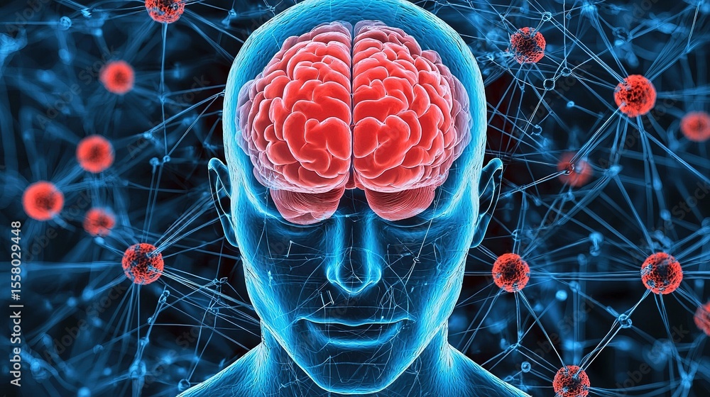 Poster a digital illustration showing a human brain inside a transparent head with neural connections and r