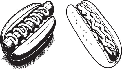 Two monochrome hot dogs with mustard, one with shading and one outlined