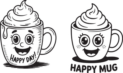 Two Cute Cartoon Coffee Mugs with Cream and Happy Expressions in Black and White
