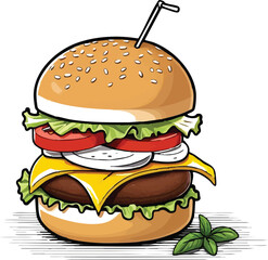 Tasty cheeseburger with fries on a white background