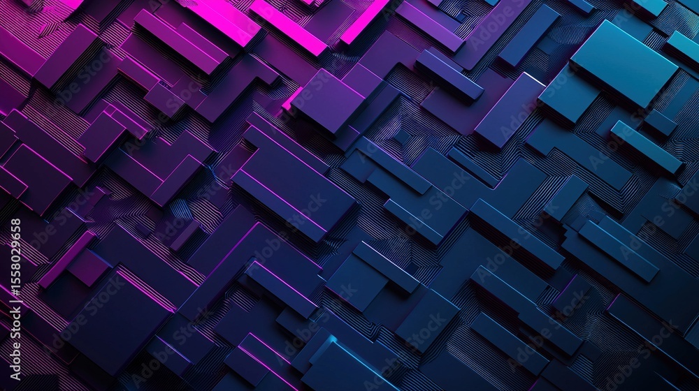 Poster abstract 3d geometric pattern featuring interlocking rectangular blocks in vibrant purple and blue h