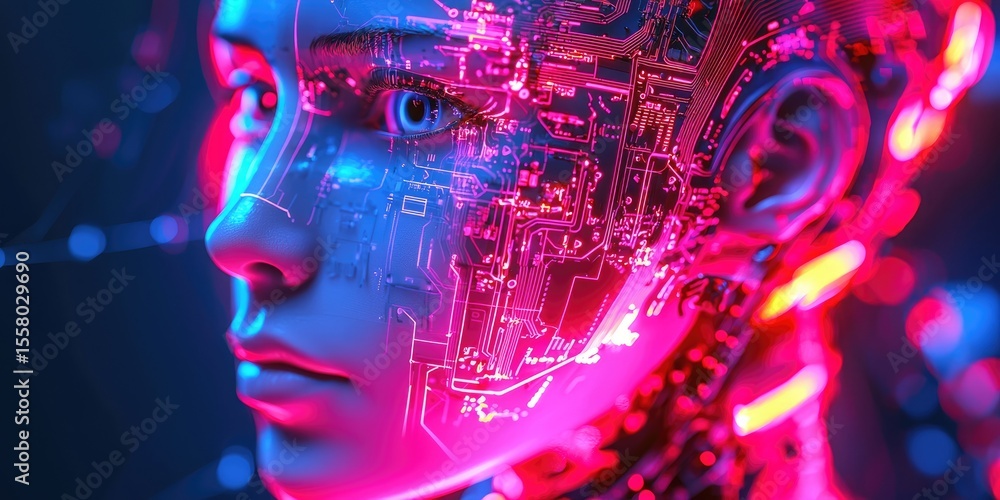 Poster advanced robotic technology in a cyberpunk setting, featuring glowing neon circuits, intricate mechanics, and a high-tech design.
