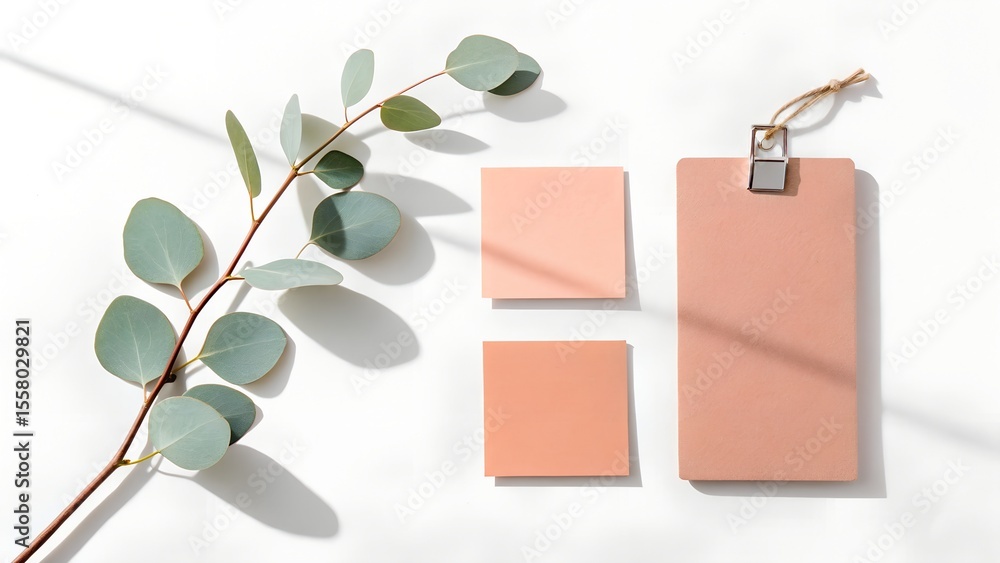 Poster a minimalist flat lay composition featuring eucalyptus leaves and peach colored paper squares with a