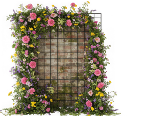 Colorful flower arrangement decorates a brick wall with a metal grid, isolated on transparent background