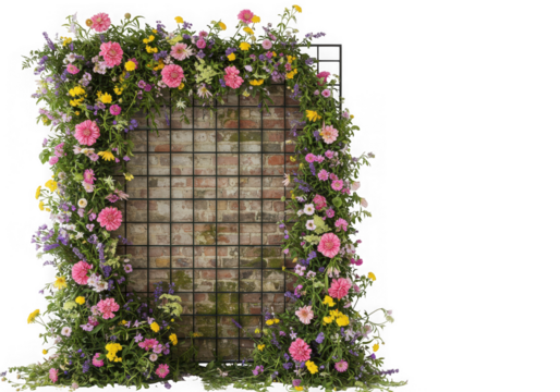Colorful flower arrangement decorates a brick wall with a metal grid, isolated on transparent background