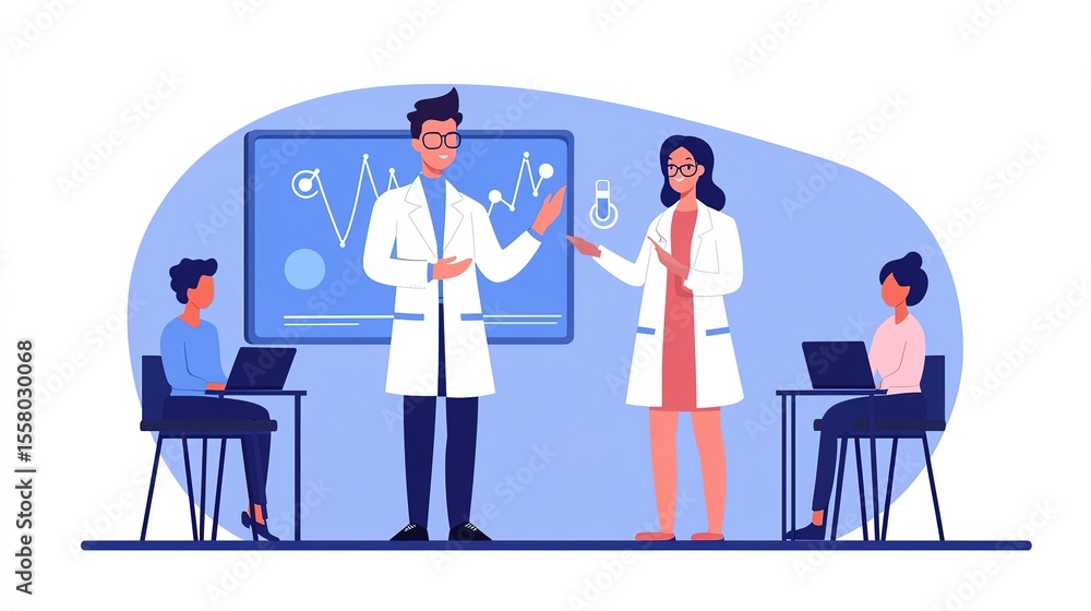Poster two scientists discuss data on a digital board while two colleagues work on laptops in a modern lab 