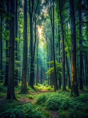 Fototapeta premium Dark forest with tall trees and overgrown bushes