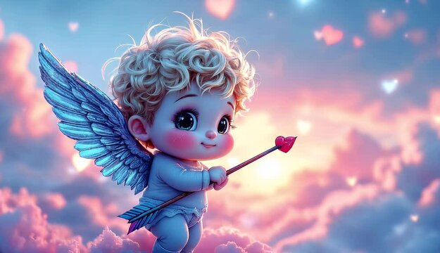 Adorable Cupid on Clouds at Sunset