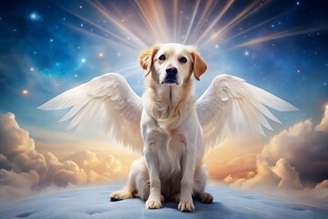 A golden retriever dog with angelic wings in a celestial setting
