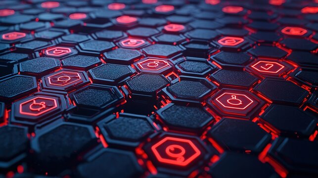 A futuristic digital grid with glowing red hexagonal tiles, creating a high-tech, cybernetic interface or network visualization.