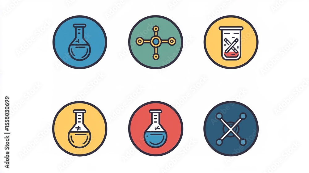 Poster six colorful circular icons representing various laboratory glassware and molecular structures on a 
