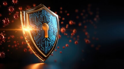 A virtual shield standing strong against a dark background