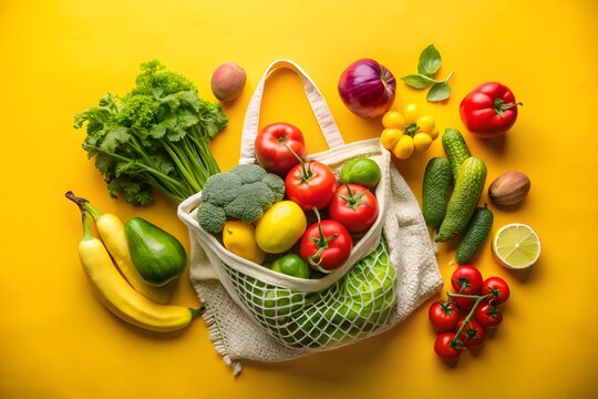 A vibrant assortment of fresh produce overflowing from a reusable shopping bag on a bright yellow background
