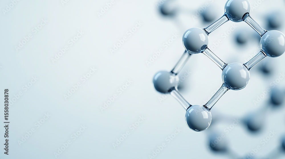 Poster a close-up 3d rendering of a molecular structure with interconnected atoms, set against a soft blue 