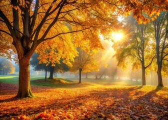 Sunny park with vibrant autumn leaves on a misty morning