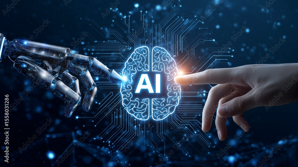 Poster a robot and human hand touching a digital brain with ai text on a dark blue circuit board background