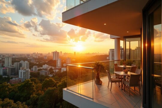 High-rise balcony with city view at sunset.
