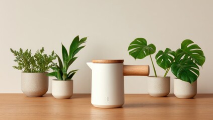 Obraz premium Simple, minimalist white ceramic pitcher with a light-wood handle, surrounded by potted plants on a light-oak table