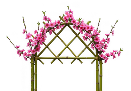 A bamboo archway adorned with pink flowers, isolated on transparent background