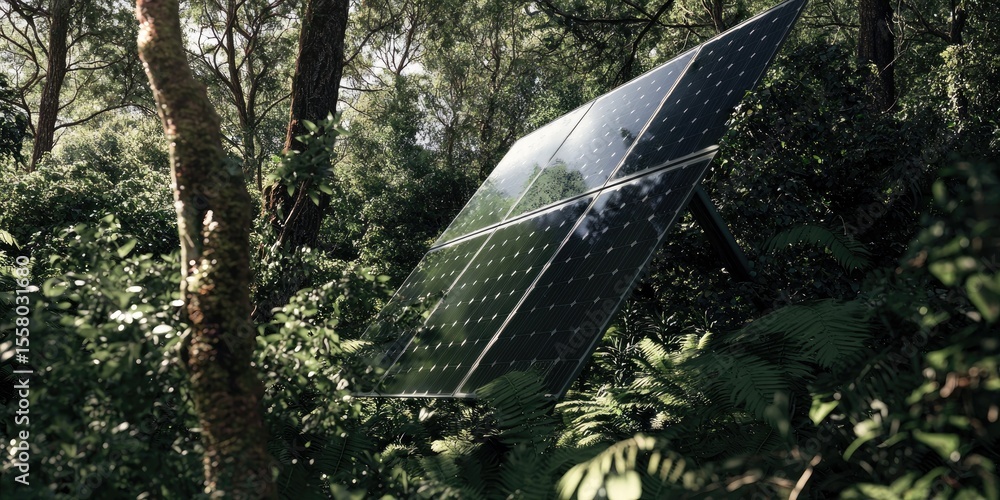 Poster a solar panel being installed in a forested area, symbolizing the integration of renewable energy in