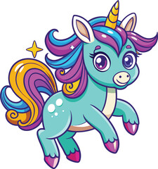 Fototapeta premium Kawaii unicorn jumping with sparkles, magical cartoon outline vector