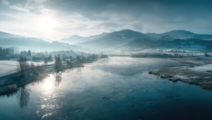 Panoramic winter landscape, serene river, misty mountains
