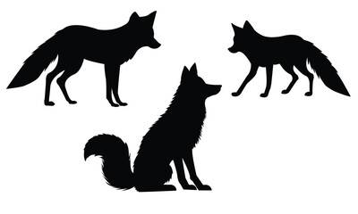 Collection of fox silhouettes in different poses such as standing, sitting. Clean black animal shapes on a white background, ideal for logos, icons, wildlife illustrations, decals, and creative design