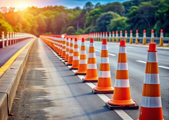 Safety road barriers with orange cones in highway lane