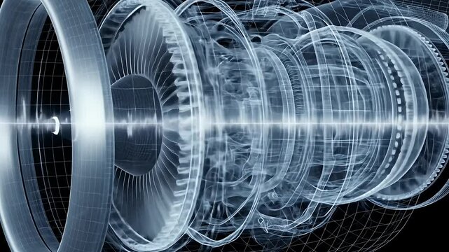 A complex multilayered blueprint of a jet engine with radial circular and gridlike structures