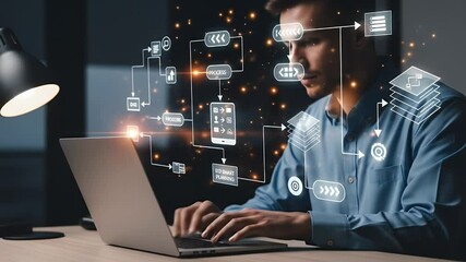 A man in a blue shirt works on a laptop with glowing diagram overlays - Powered by Adobe