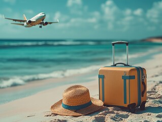 Airplane, Suitcase, and Straw Hat on Tropical Beach for Vacation Travel
