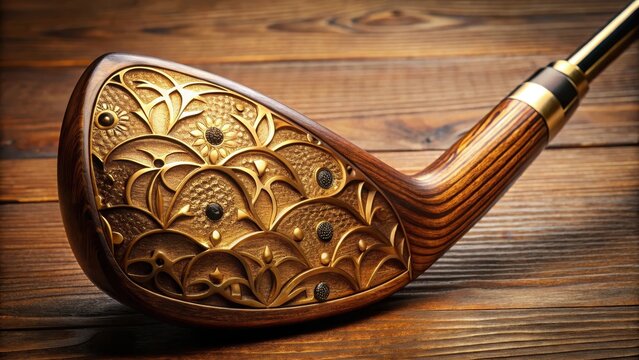 Vintage-style golf club head with intricate details and ornate patterns