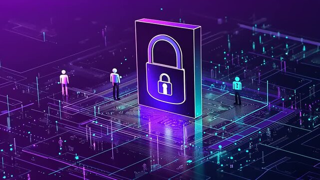 Digital security concept with a large padlock surrounded by data streams and figures in a tech landscape - Powered by Adobe