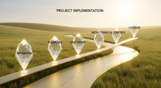 Project Implementation Pathway: A visual representation of the project implementation lifecycle, featuring crystal-shaped markers to illustrate key stages and a metaphorical road to success.