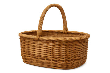 Woven wicker basket with arched handle, isolated on transparent background, ideal for shopping, picnics, or decorative purposes