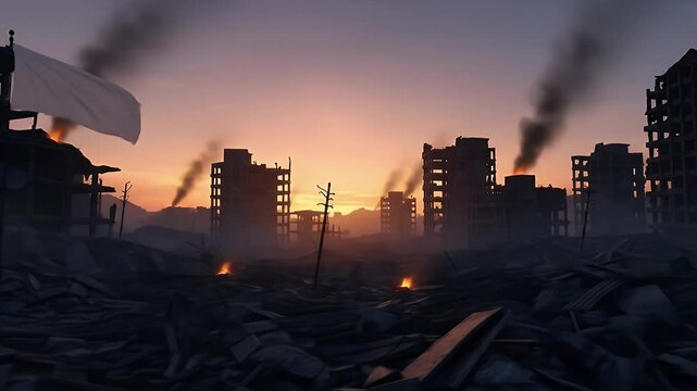 Ruins buildings in silhouette against the dusk sky a white flag waves among debris