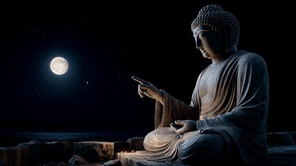 A serene, photorealistic depiction of Buddha pointing towards a luminous full moon, evoking tranquility and enlightenment. Reflects themes from Buddhist teachings on awareness and mindfulness.